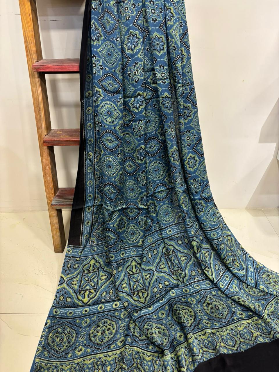 Blue Ajrakh Block Printed Modal Silk Dupatta - Luxurion World