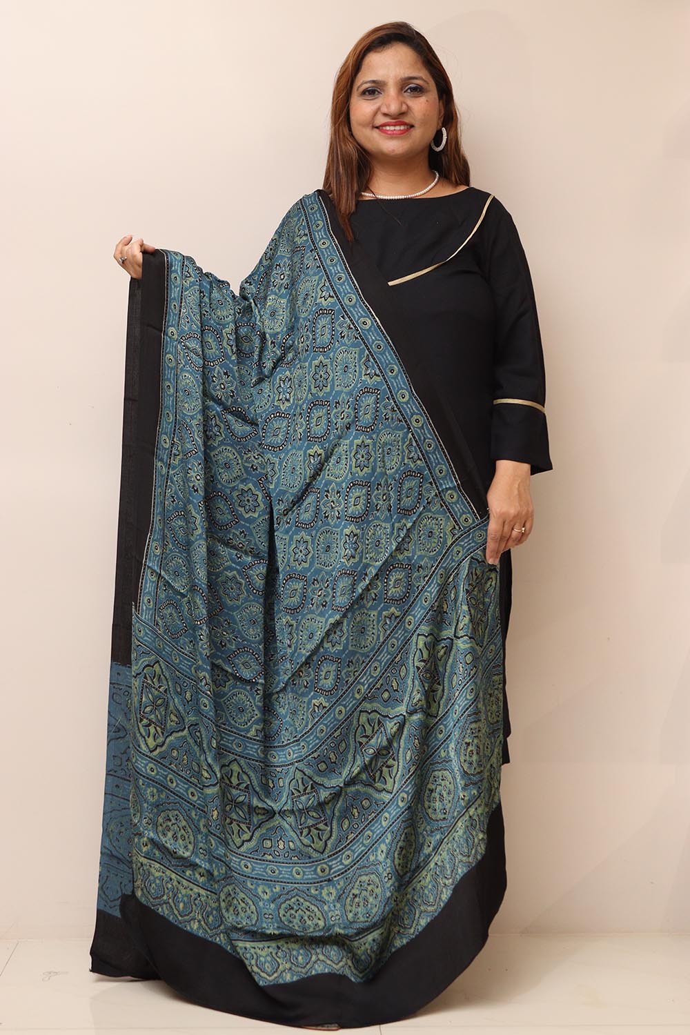 Blue Ajrakh Block Printed Modal Silk Dupatta - Luxurion World