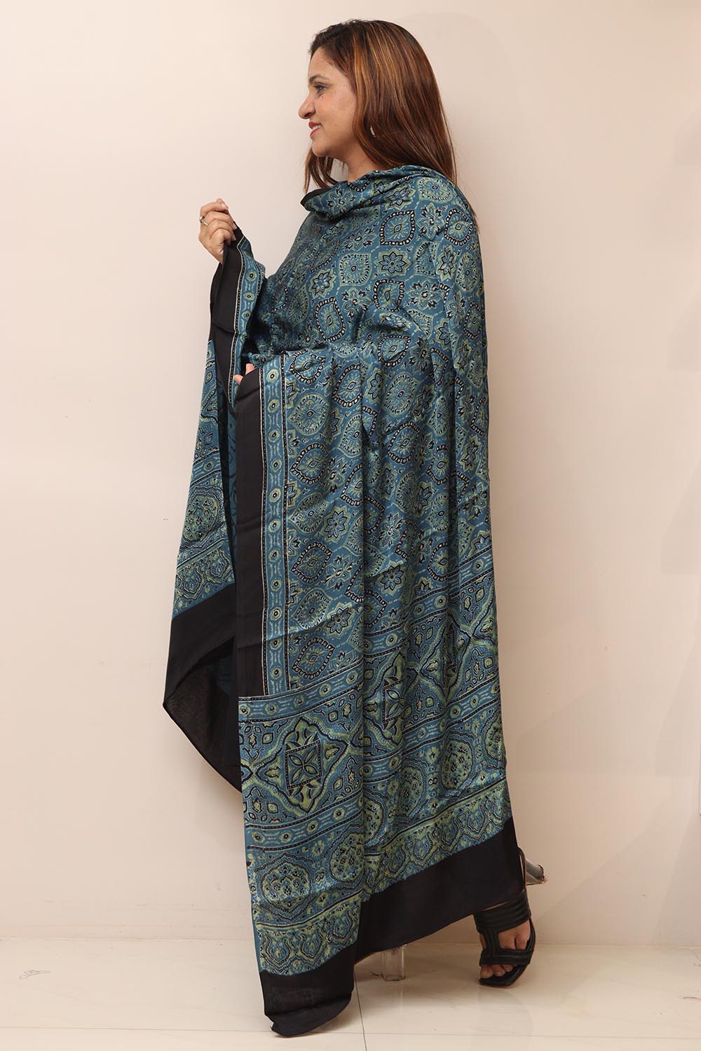 Blue Ajrakh Block Printed Modal Silk Dupatta - Luxurion World