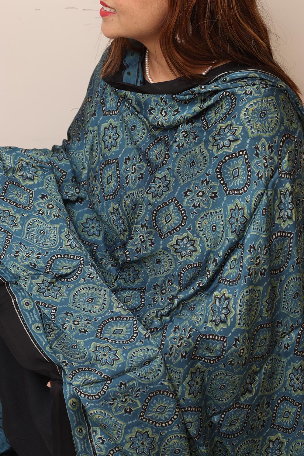 Blue Ajrakh Block Printed Modal Silk Dupatta - Luxurion World