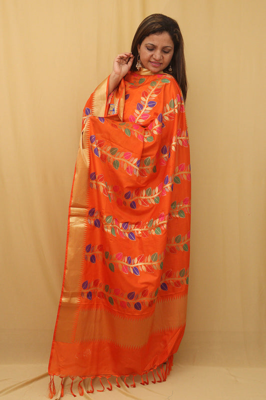 Stunning Orange Banarasi Silk Meenakari Dupatta - Festive Perfection - Luxurion World