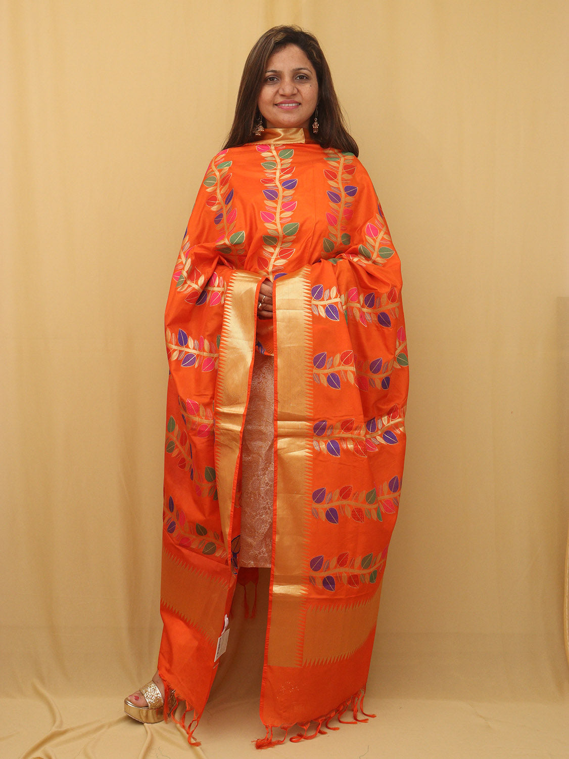 Stunning Orange Banarasi Silk Meenakari Dupatta - Festive Perfection - Luxurion World