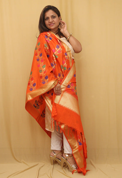 Stunning Orange Banarasi Silk Meenakari Dupatta - Festive Perfection