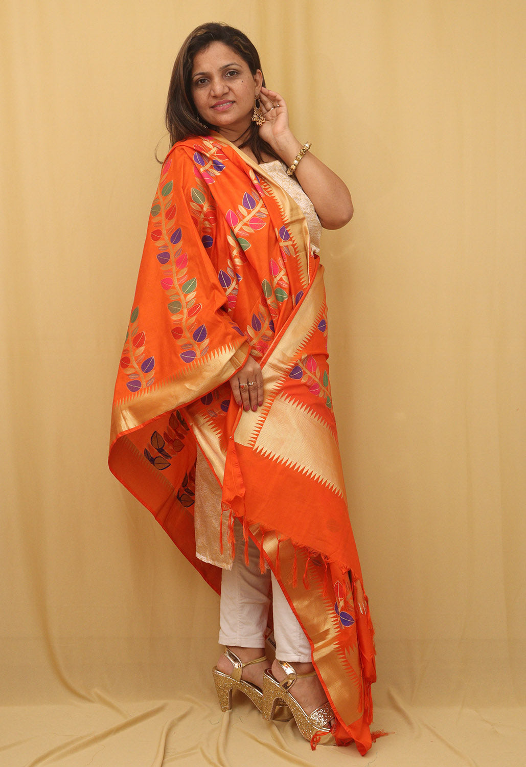 Stunning Orange Banarasi Silk Meenakari Dupatta - Festive Perfection - Luxurion World