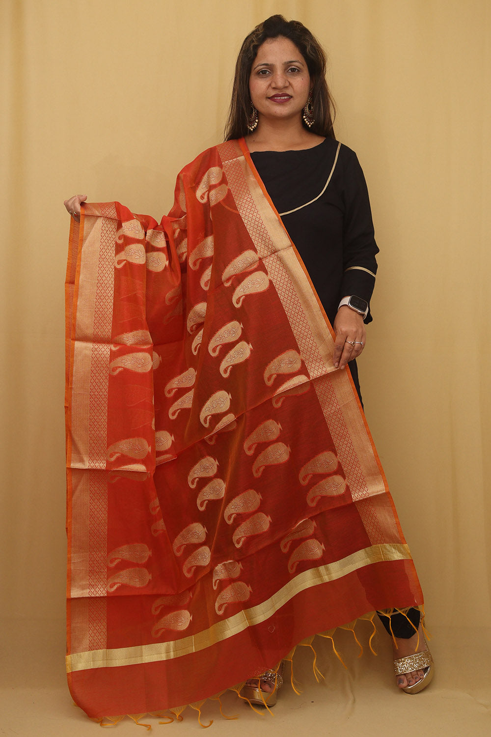 Stylish Orange Banarasi Cotton Silk Dupatta for Ethnic Charm