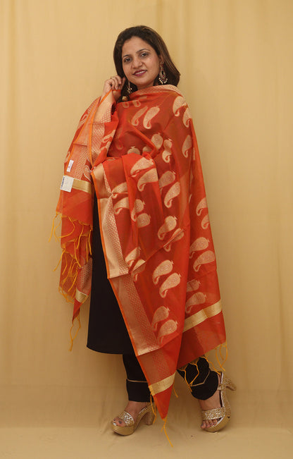 Stylish Orange Banarasi Cotton Silk Dupatta for Ethnic Charm
