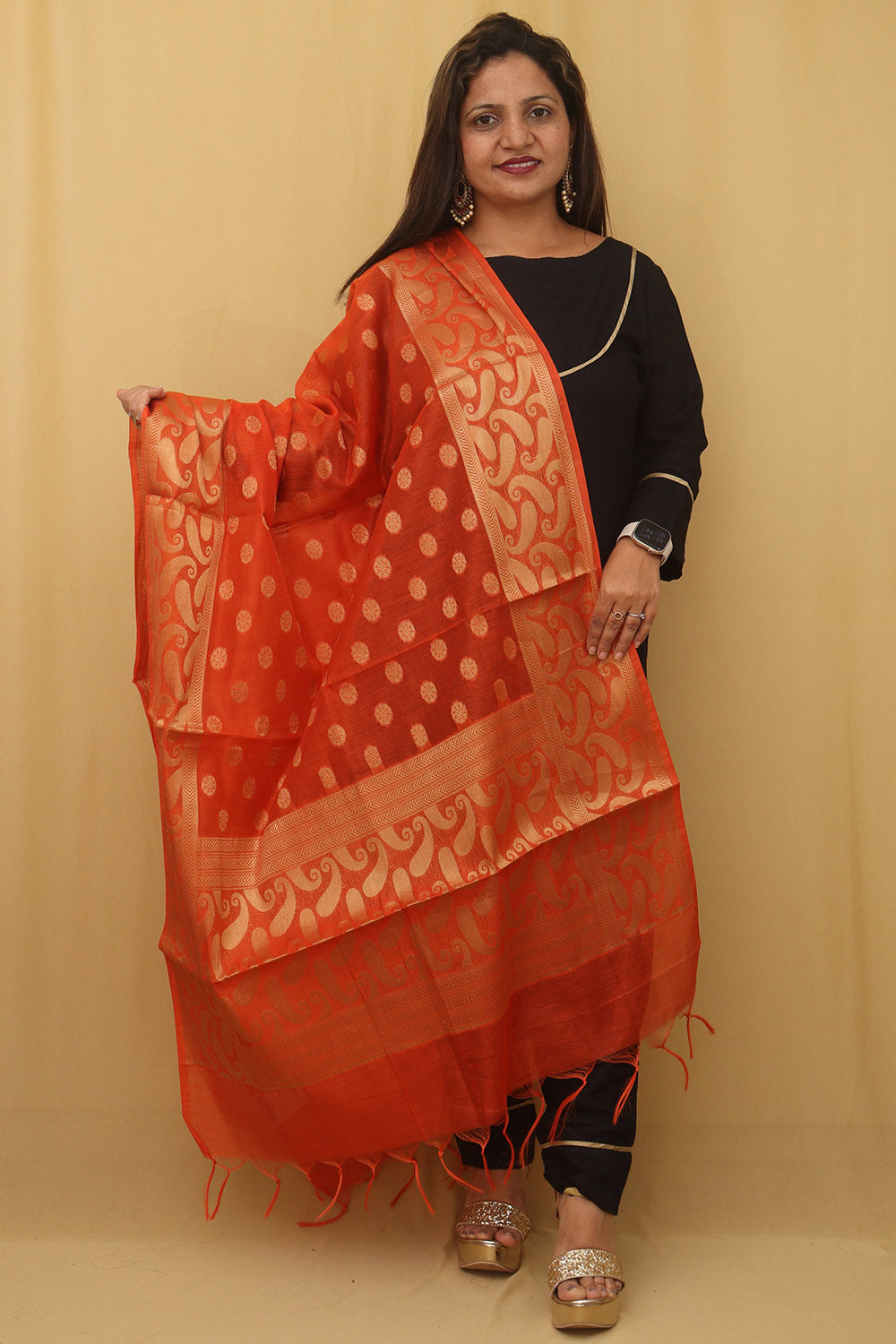 Stunning Orange Banarasi Cotton Silk Dupatta - Perfect Accessory - Luxurion World