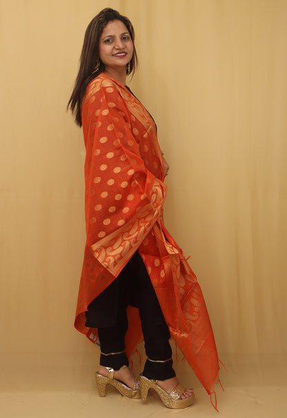 Stunning Orange Banarasi Cotton Silk Dupatta - Perfect Accessory