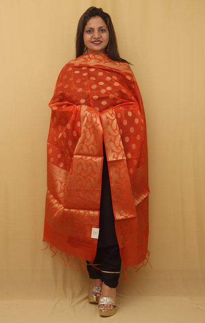 Stunning Orange Banarasi Cotton Silk Dupatta - Perfect Accessory