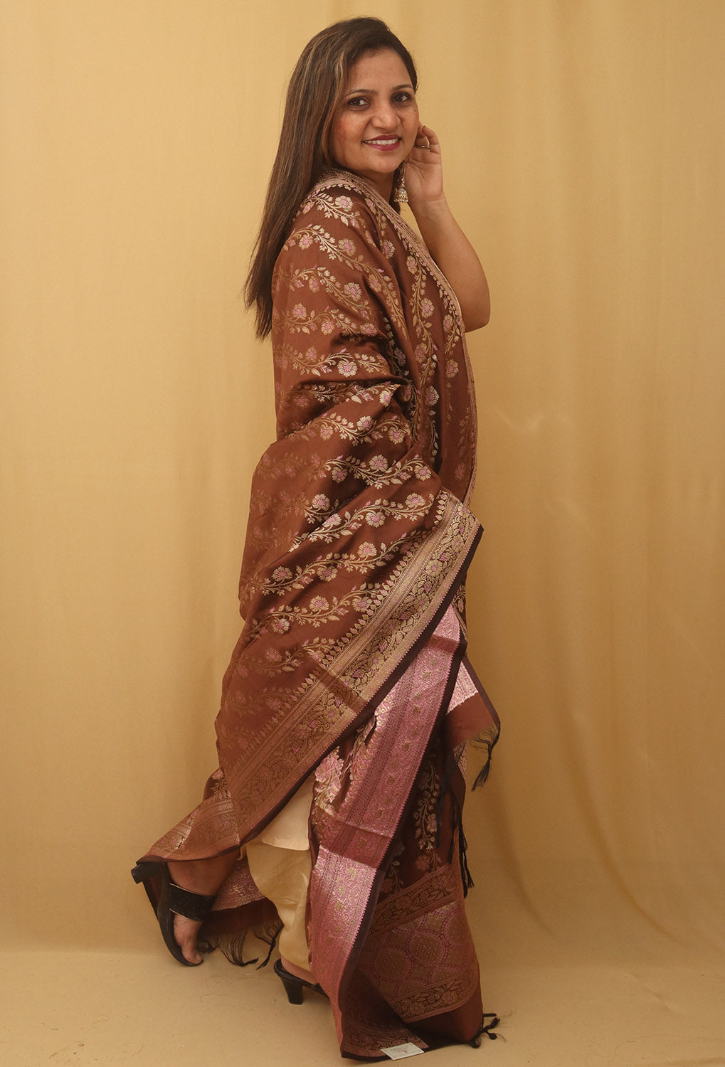 Brown Banarasi Silk Meenakari Dupatta - Luxurion World