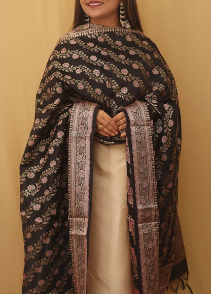 Black Banarasi Silk Meenakari Dupatta - Luxurion World