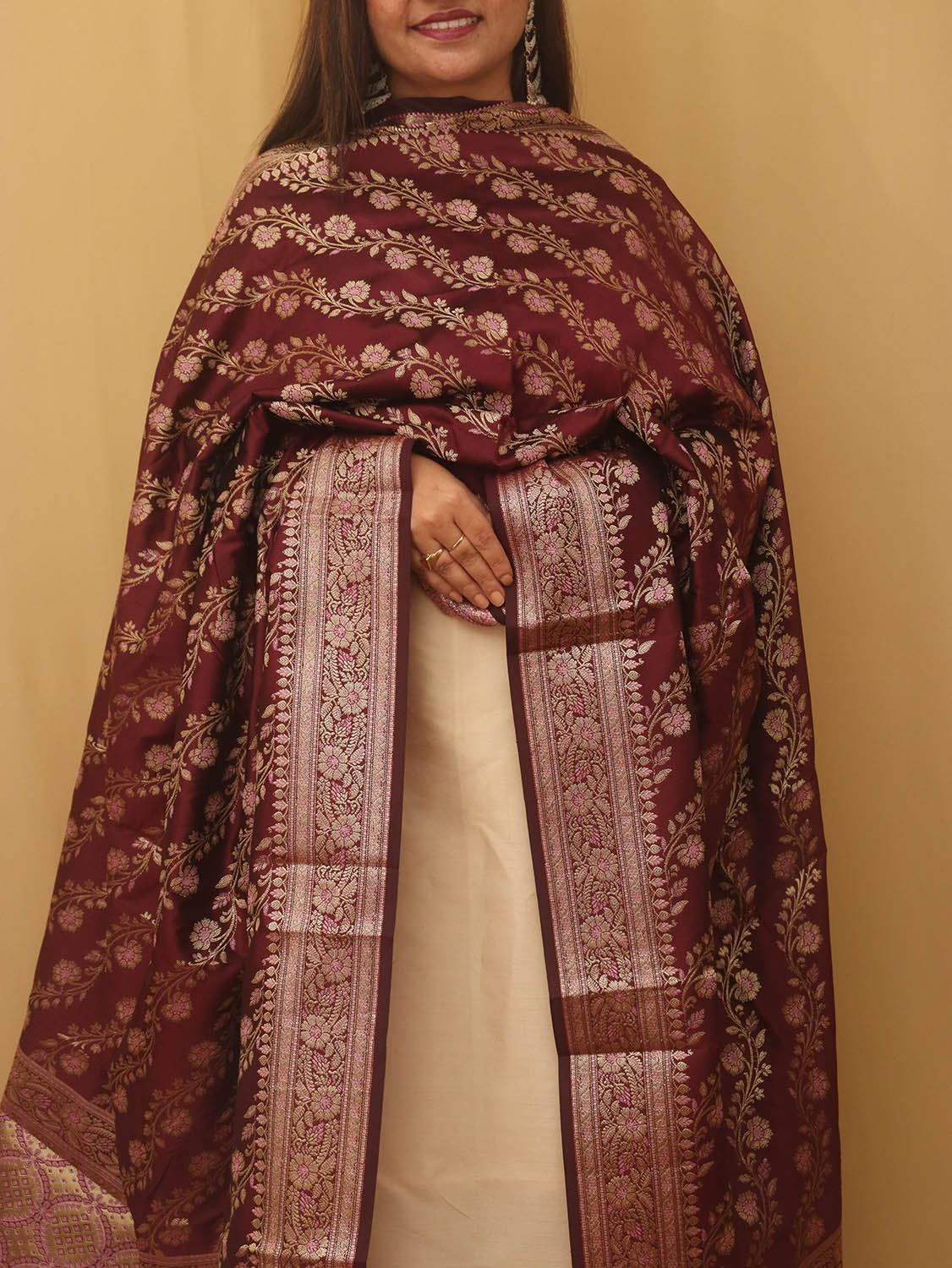 Maroon Banarasi Silk Meenakari Dupatta - Luxurion World