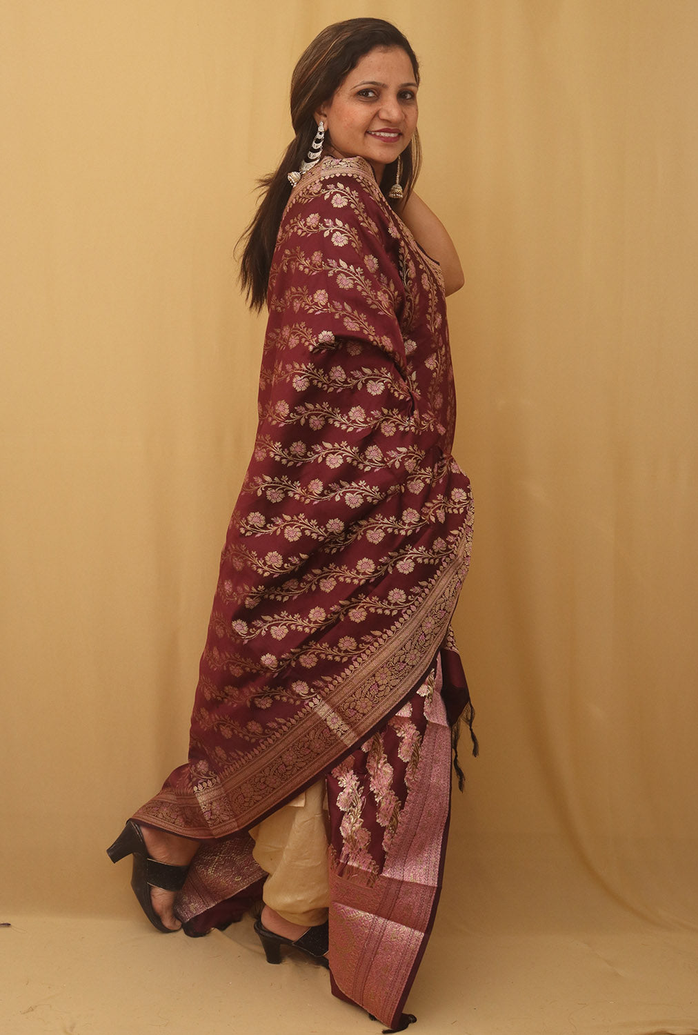 Maroon Banarasi Silk Meenakari Dupatta - Luxurion World