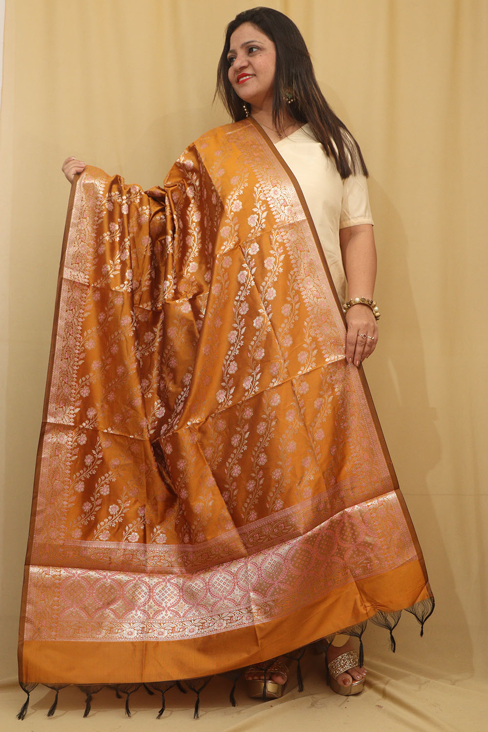Yellow Banarasi Silk Meenakari Dupatta - Luxurion World