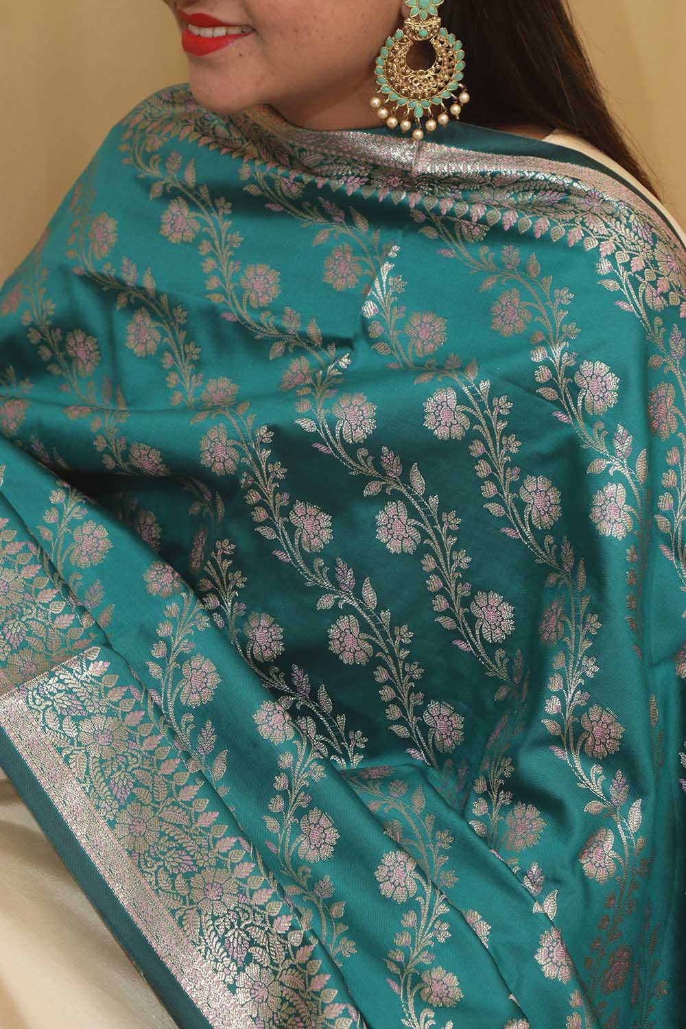 Greenish Blue Banarasi Silk Meenakari Dupatta - Luxurion World