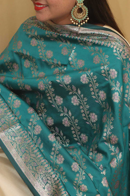 Greenish Blue Banarasi Silk Meenakari Dupatta - Luxurion World
