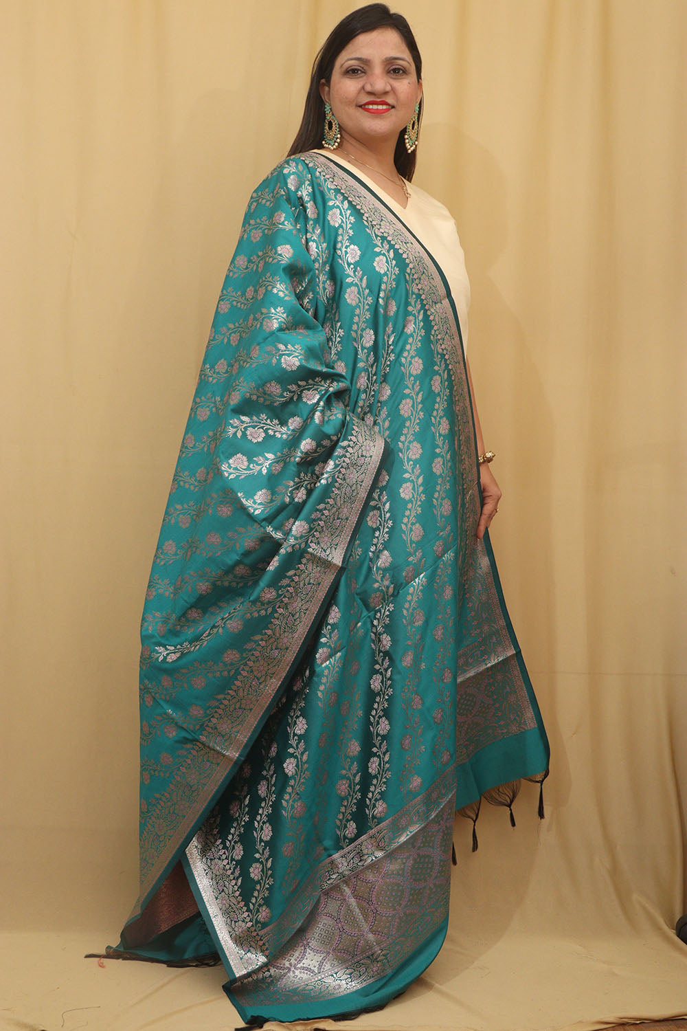 Greenish Blue Banarasi Silk Meenakari Dupatta - Luxurion World