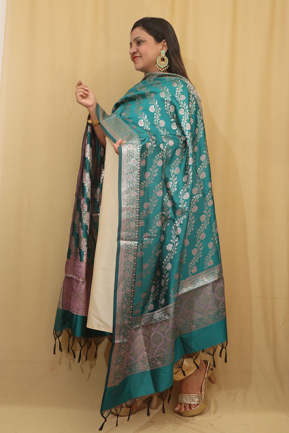 Greenish Blue Banarasi Silk Meenakari Dupatta - Luxurion World