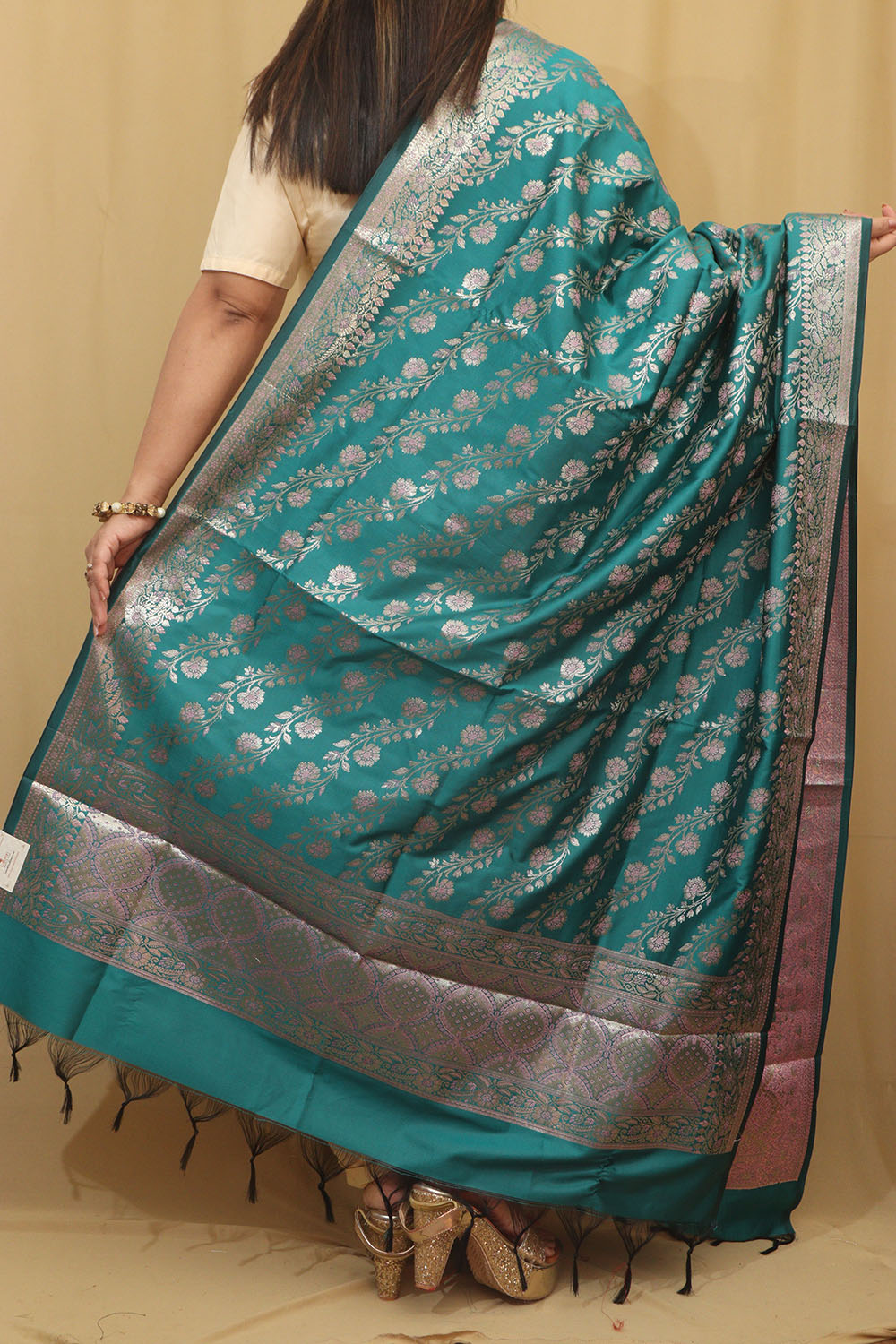 Greenish Blue Banarasi Silk Meenakari Dupatta - Luxurion World