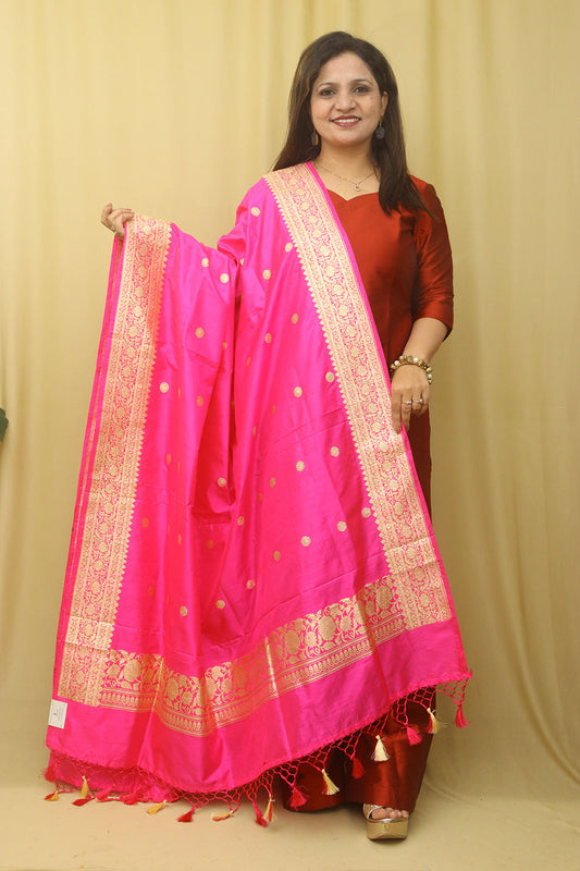 Pink Handloom Banarasi Pure Katan Silk Kadwa Dupatta - Luxurion World