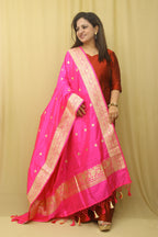 Pink Handloom Banarasi Pure Katan Silk Kadwa Dupatta - Luxurion World