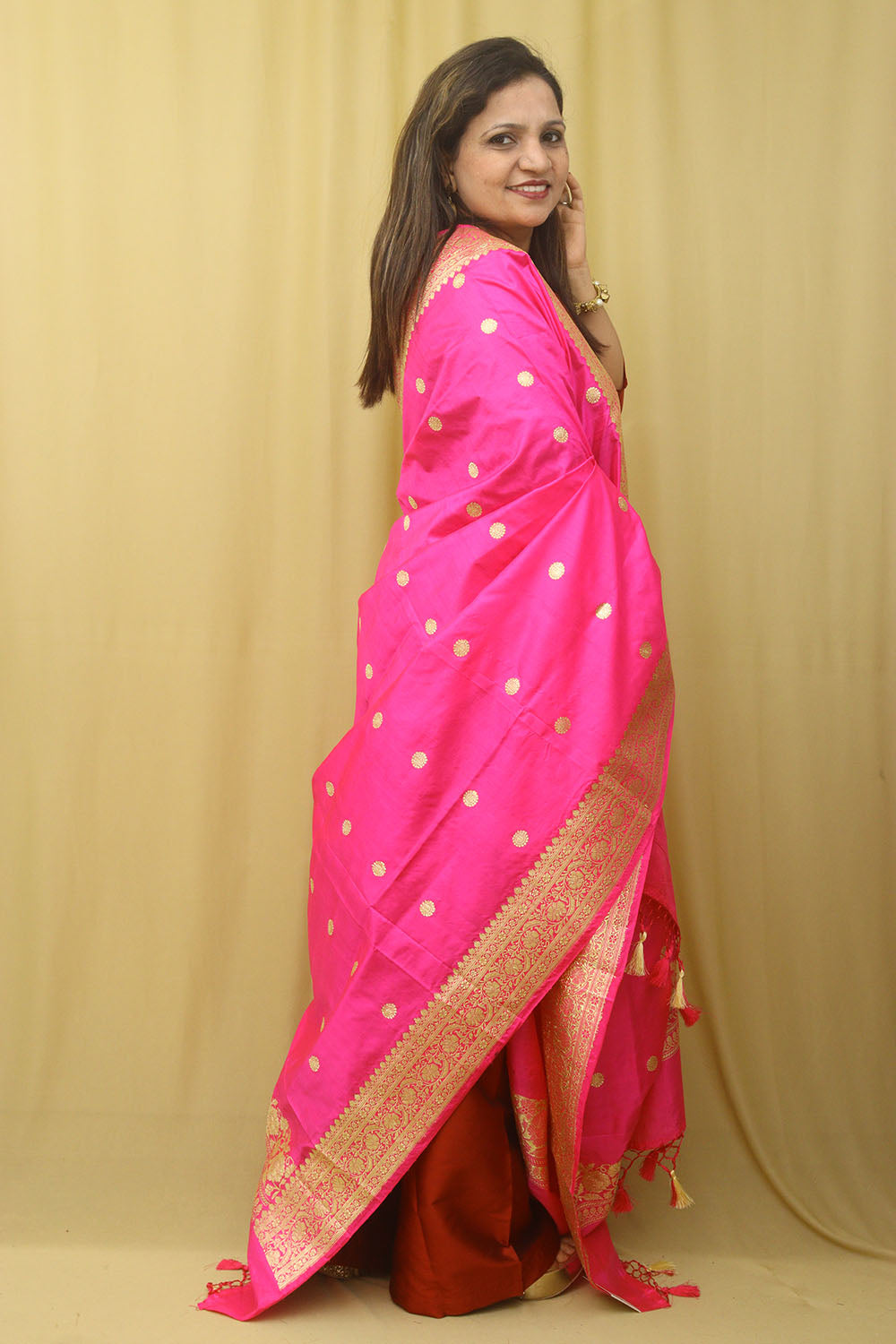 Pink Handloom Banarasi Pure Katan Silk Kadwa Dupatta - Luxurion World
