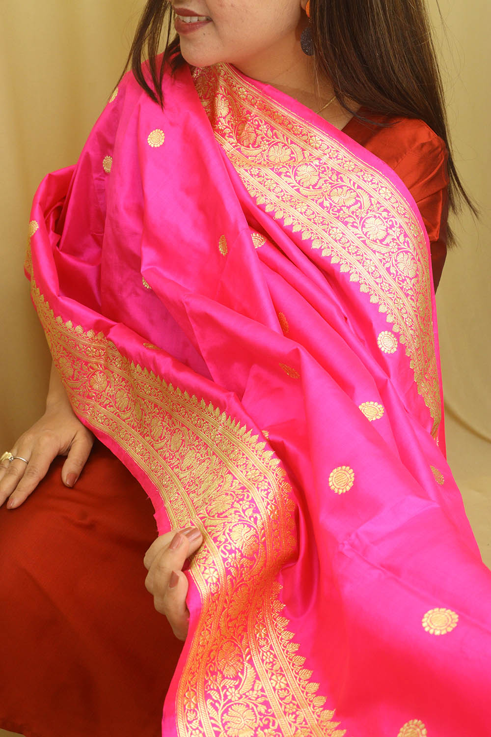 Pink Handloom Banarasi Pure Katan Silk Kadwa Dupatta - Luxurion World