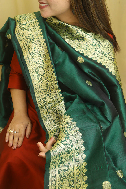 Green Handloom Banarasi Pure Katan Silk Kadwa Dupatta - Luxurion World