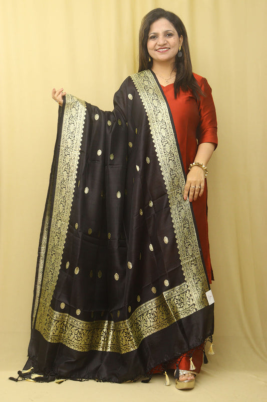 Black Handloom Banarasi Pure Katan Silk Kadwa Dupatta
