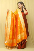 Orange Handloom Banarasi Pure Katan Silk Kadwa Dupatta - Luxurion World
