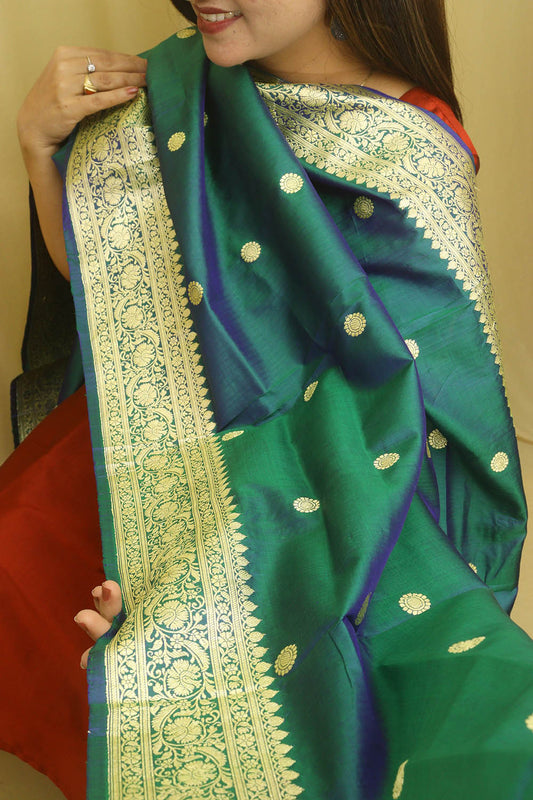 Green And Blue Shot Handloom Banarasi Pure Katan Silk Kadwa Dupatta - Luxurion World