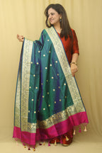 Green And Blue Shot Handloom Banarasi Pure Katan Silk Kadwa Dupatta - Luxurion World