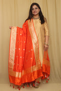 Orange Handloom Banarasi Pure Katan Silk Dupatta - Luxurion World