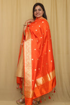 Orange Handloom Banarasi Pure Katan Silk Dupatta - Luxurion World
