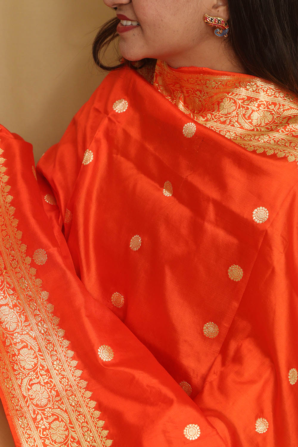 Orange Handloom Banarasi Pure Katan Silk Dupatta - Luxurion World