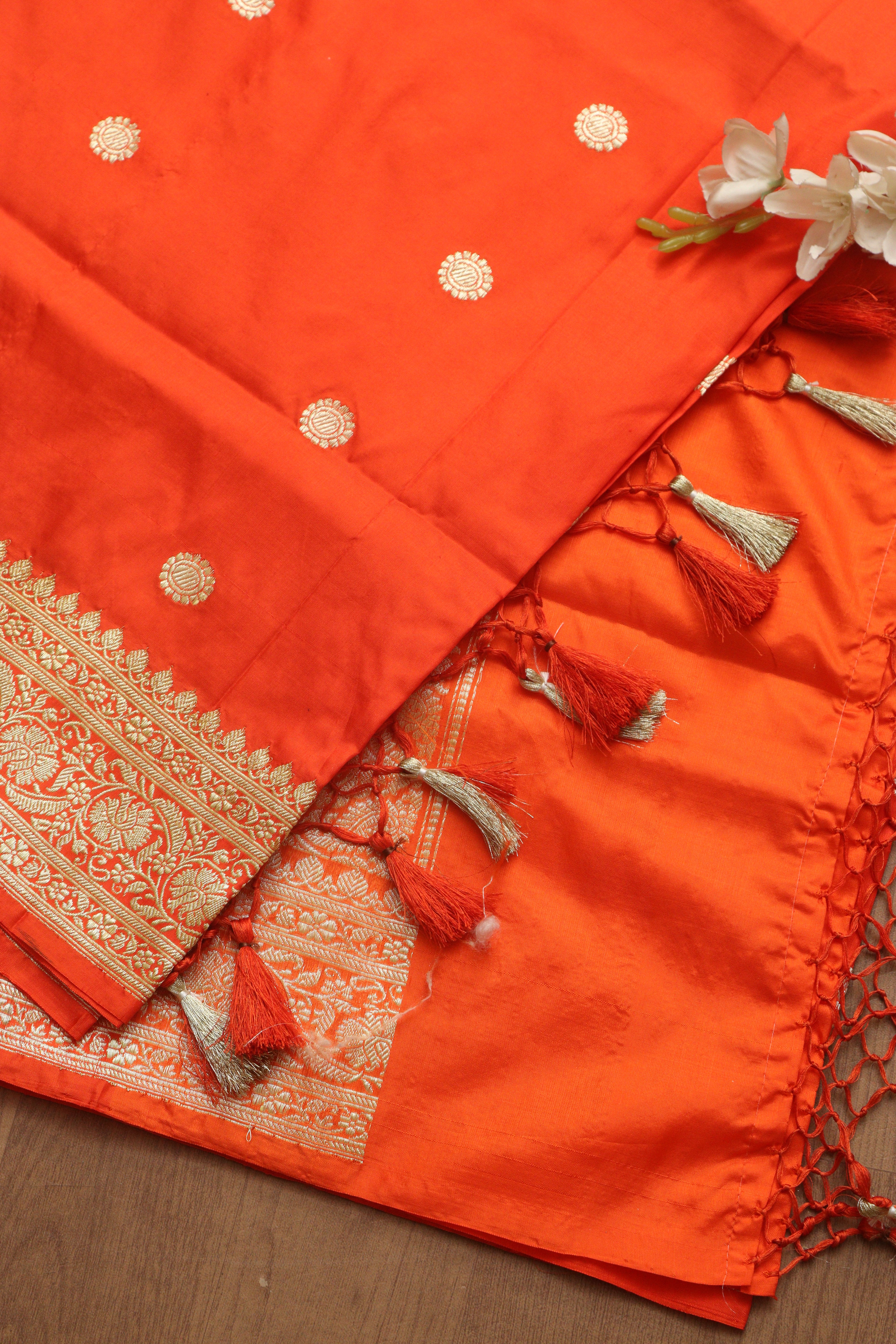 Orange Handloom Banarasi Pure Katan Silk Dupatta - Luxurion World