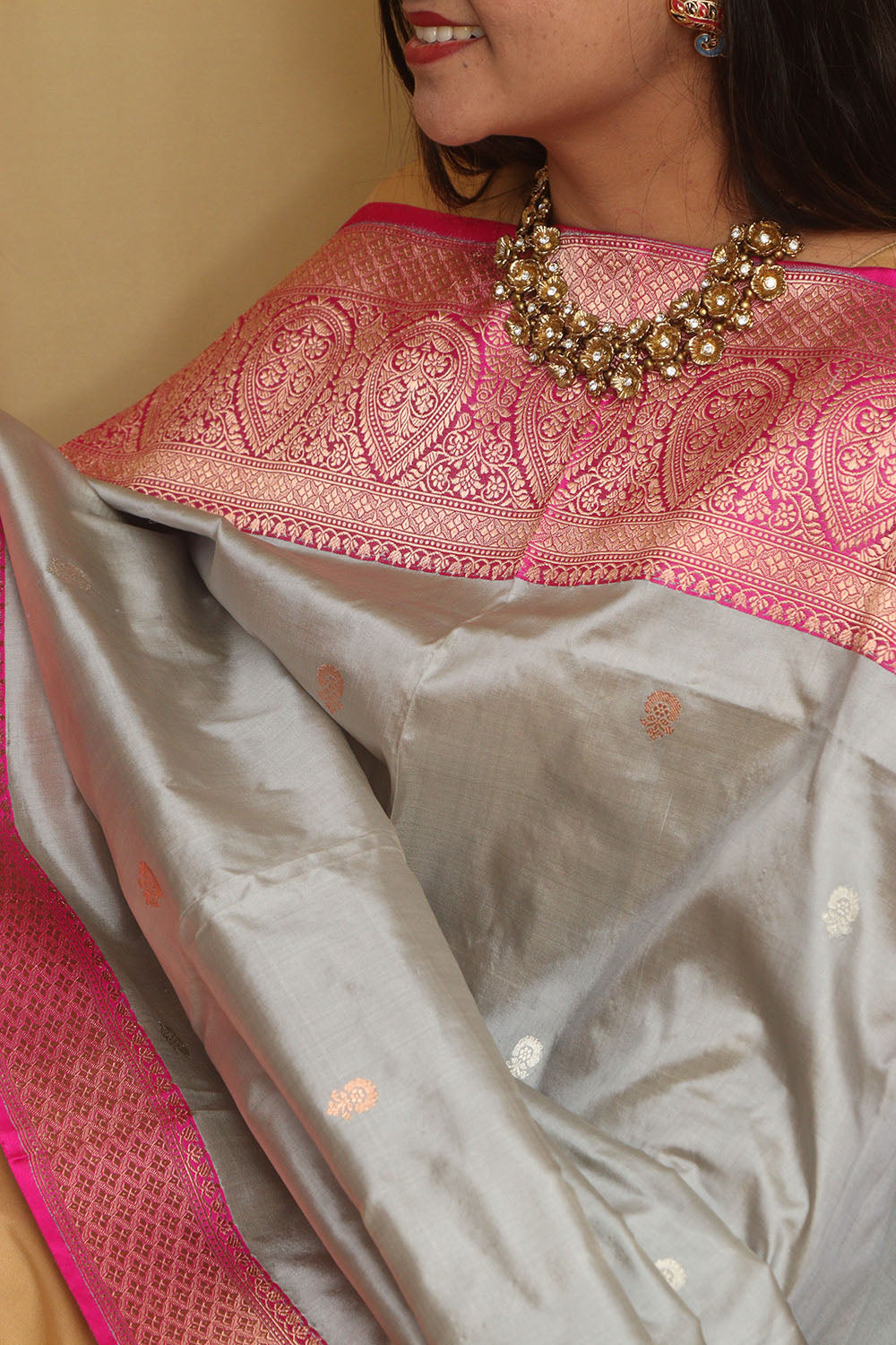 Elegant Grey Handloom Banarasi Pure Katan Silk Dupatta - Luxurion World