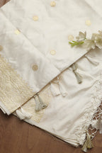 White Handloom Banarasi Pure Katan Silk Dupatta - Luxurion World