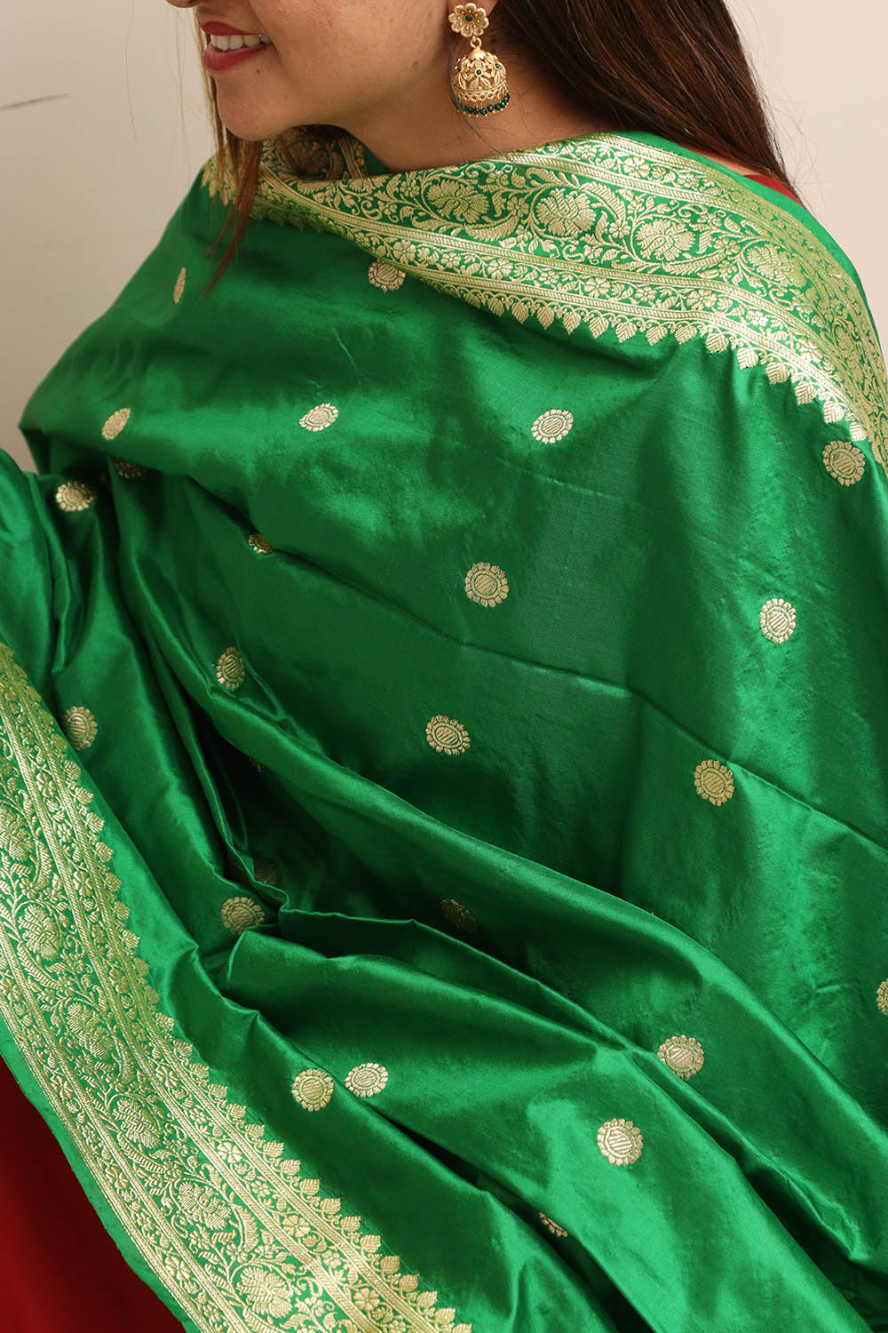 Green Handloom Banarasi Pure Katan Silk Dupatta - Luxurion World