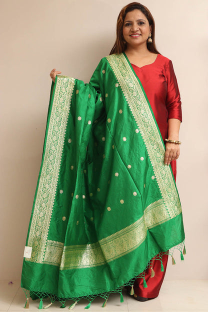 Green Handloom Banarasi Pure Katan Silk Dupatta - Luxurion World