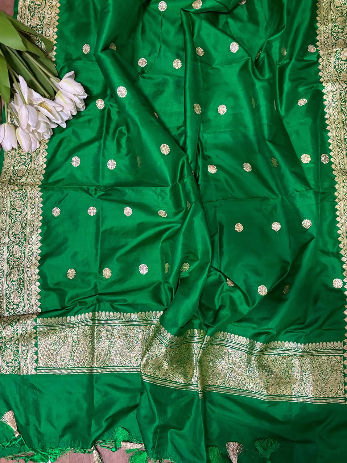Green Handloom Banarasi Pure Katan Silk Dupatta - Luxurion World