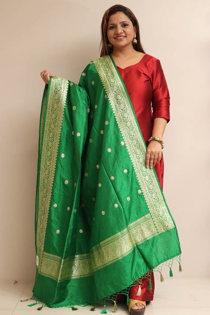 Green Handloom Banarasi Pure Katan Silk Dupatta - Luxurion World
