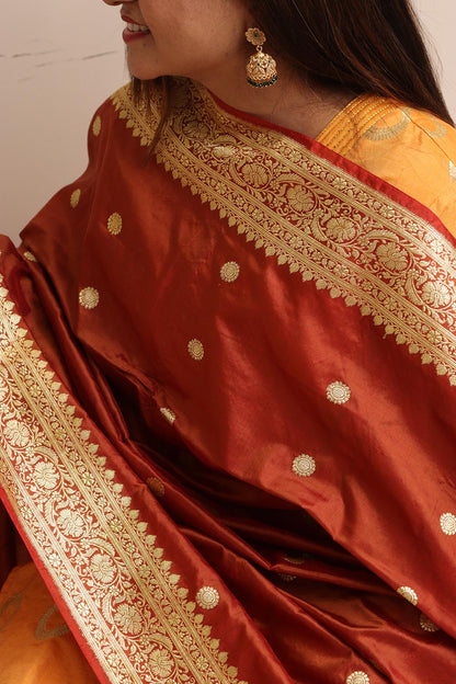 Brown Handloom Banarasi Pure Katan Silk Booti Design Dupatta - Luxurion World