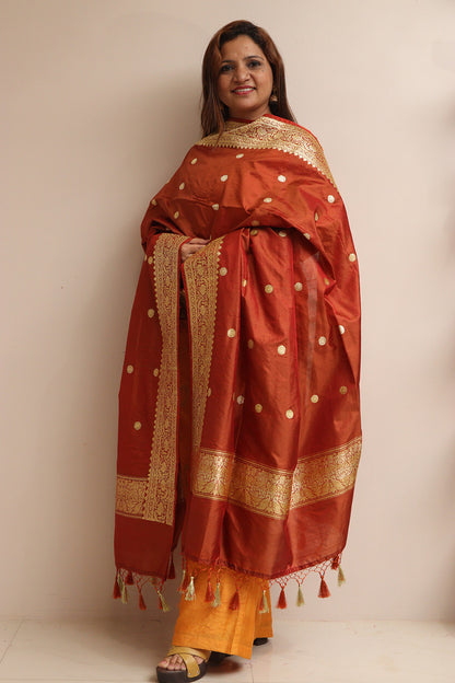 Brown Handloom Banarasi Pure Katan Silk Booti Design Dupatta - Luxurion World