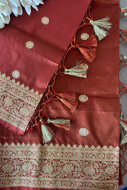 Brown Handloom Banarasi Pure Katan Silk Booti Design Dupatta - Luxurion World