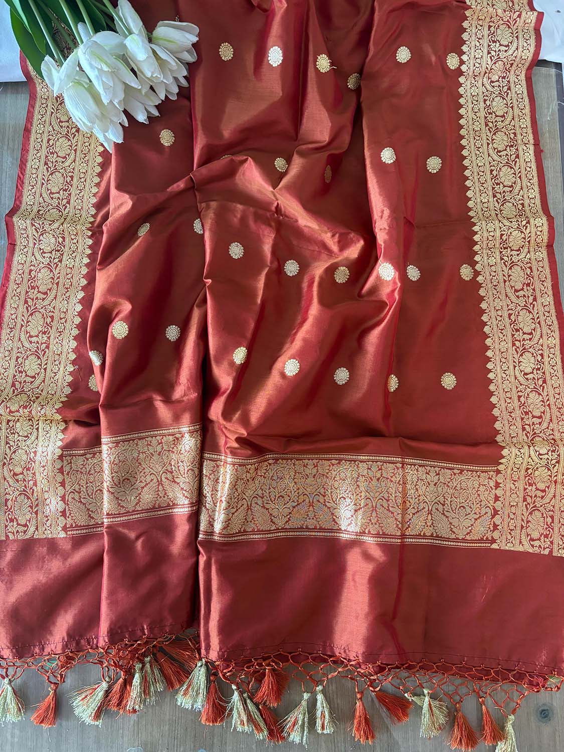 Brown Handloom Banarasi Pure Katan Silk Booti Design Dupatta - Luxurion World