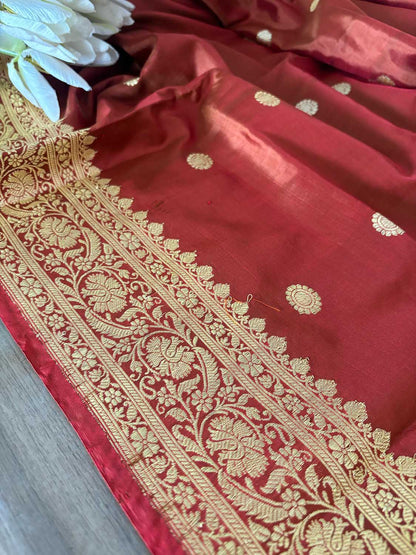Brown Handloom Banarasi Pure Katan Silk Booti Design Dupatta - Luxurion World
