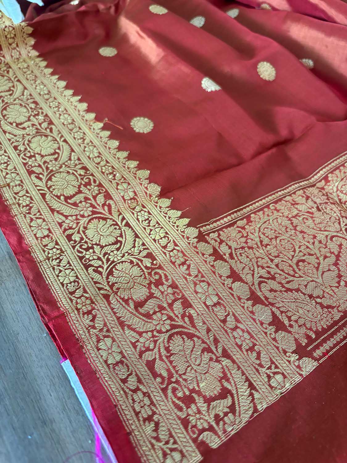 Brown Handloom Banarasi Pure Katan Silk Booti Design Dupatta - Luxurion World