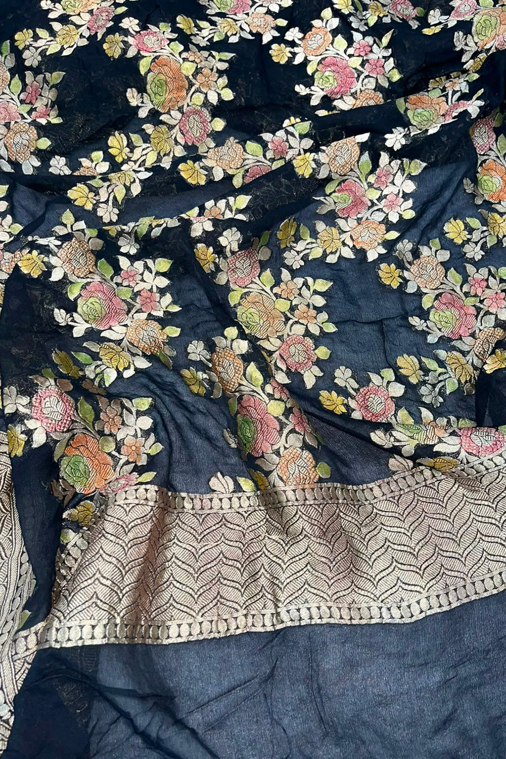 Black Banarasi Handloom Brush Dye Pure Georgette Dupatta — Brush Dye, Festive