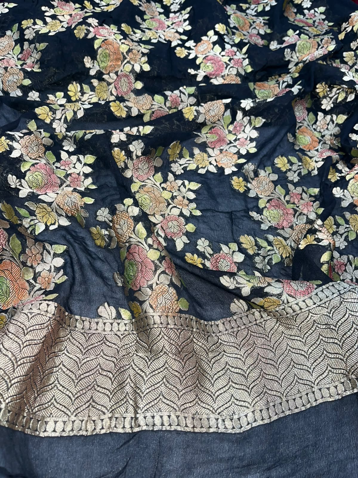 Black Banarasi Handloom Brush Dye Pure Georgette Dupatta — Brush Dye, Festive